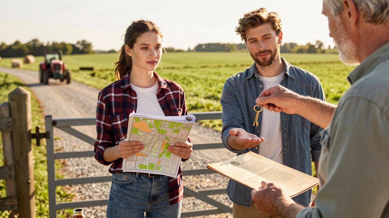 Ein älterer Mann überreicht einem jungen Paar Schlüssel, während sie einen Plan in einer ländlichen Gegend halten.