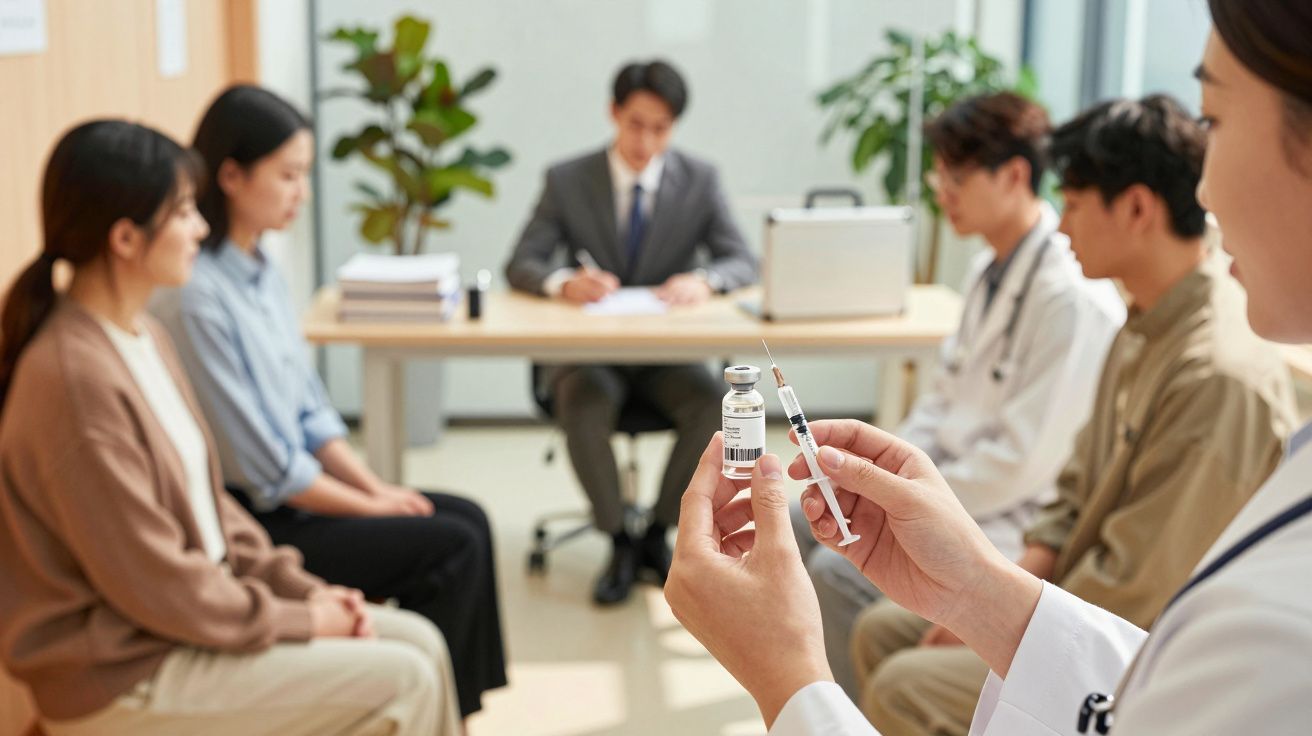 Eine Ärztin hält eine Spritze und ein Fläschchen, während vier Personen in einem Besprechungsraum sitzen.