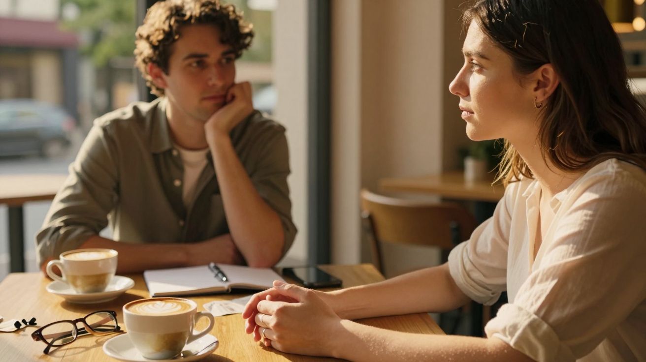 Zwei Personen sitzen in einem Café und unterhalten sich bei Cappuccino, Sonnenlicht fällt durch das Fenster.