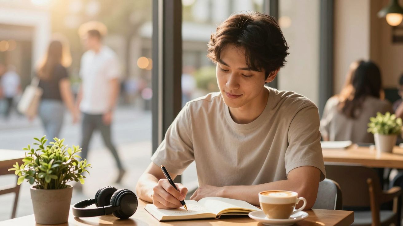 Junger Mann schreibt in Notizbuch im Café, neben ihm Kopfhörer und ein Cappuccino, Sonnenlicht durch Fenster.
