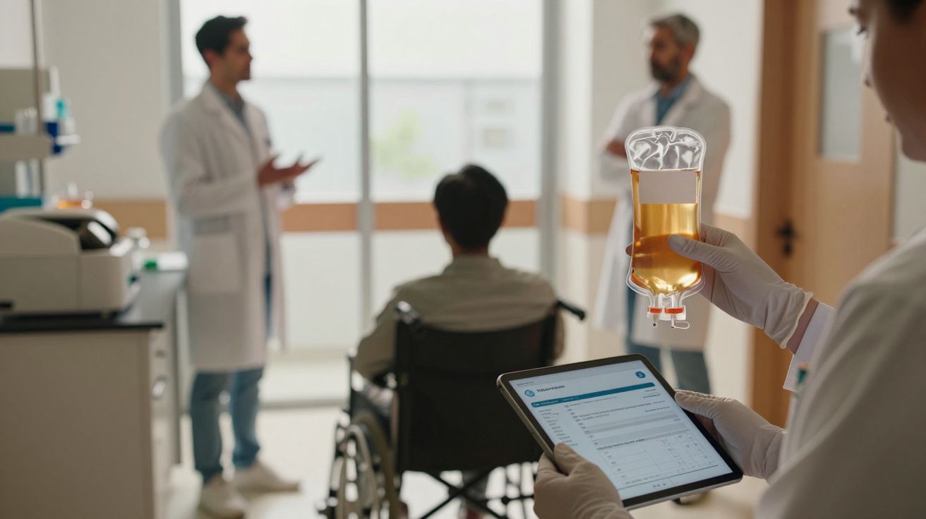 Ein Arztteam bespricht eine Bluttransfusion mit einem Patienten im Rollstuhl, während ein Arzt ein Tablet hält.