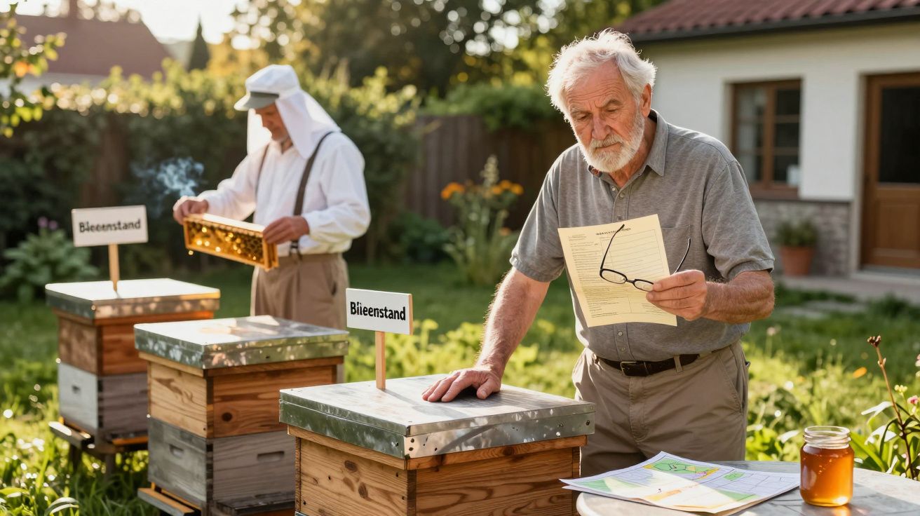 Älterer Mann liest Dokumente neben Bienenstöcken im Garten, während ein Imker im Hintergrund Bienen untersucht.