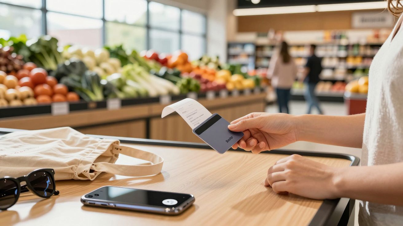 Person hält eine Quittung im Obst- und Gemüsebereich eines Supermarkts, mit einem Smartphone und Tasche am Tisch.