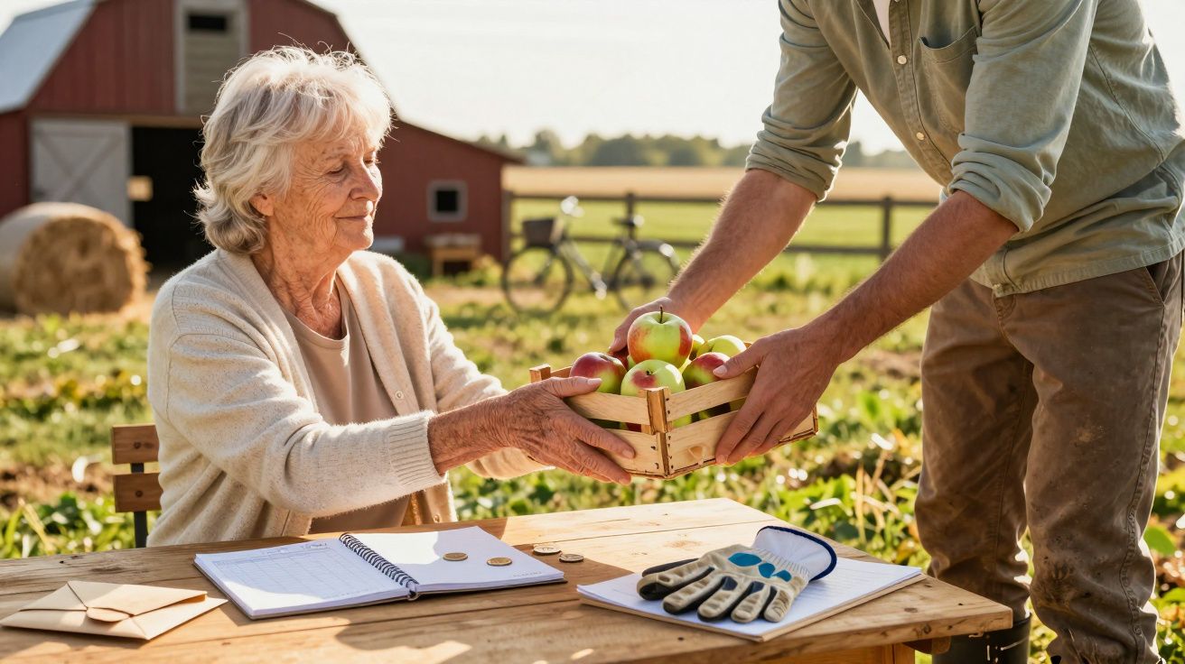 Ältere Frau erhält Obstkiste von Mann auf Bauernhof, mit Notizbuch und Handschuhen auf Tisch im Freien.