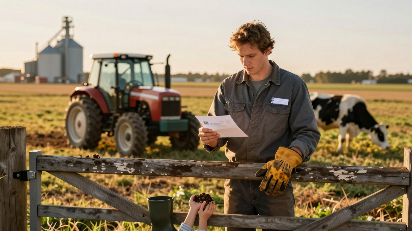 Bauer liest Dokument auf einem Feld; im Hintergrund roter Traktor und Kühe. Hände eines Kindes reichen ihm Beeren.