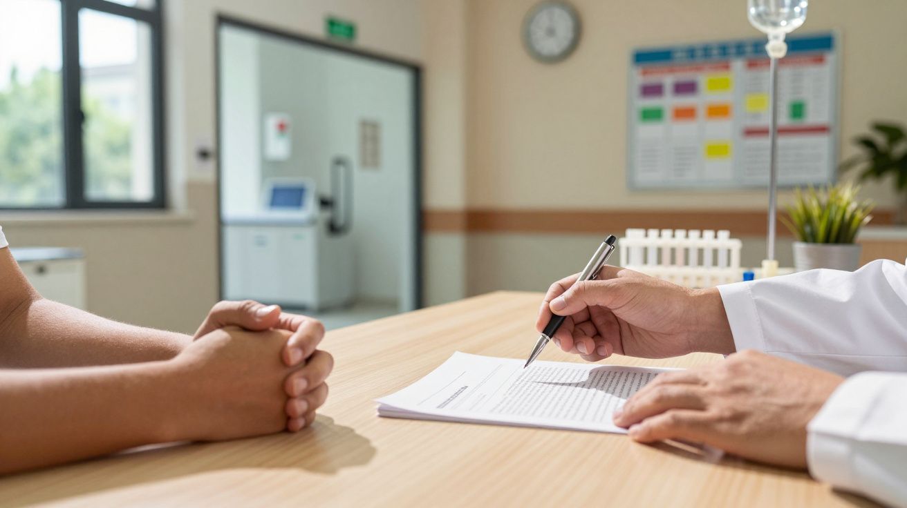 Arzt am Tisch zeigt mit Stift auf Dokument, während Patient mit gefalteten Händen zuhört.