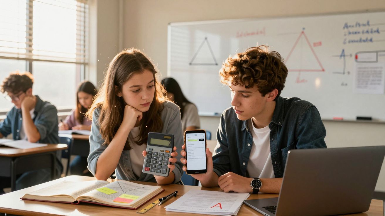 Zwei Schüler im Klassenzimmer nutzen Smartphone und Taschenrechner für Mathematikaufgaben, im Hintergrund Tafel mit Skizzen.