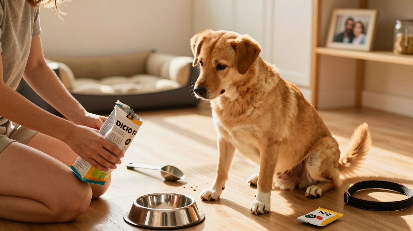 Eine Person füttert einen braunen Hund mit Trockenfutter neben einem Napf und Hundebett in einem Wohnzimmer.