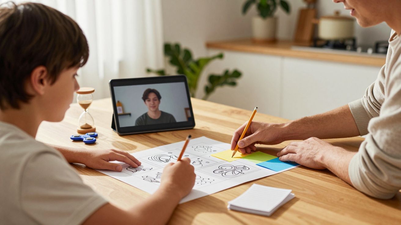 Kind und Erwachsener zeichnen mit Stiften an einem Tisch, während ein Tablet mit Videogespräch im Hintergrund steht.