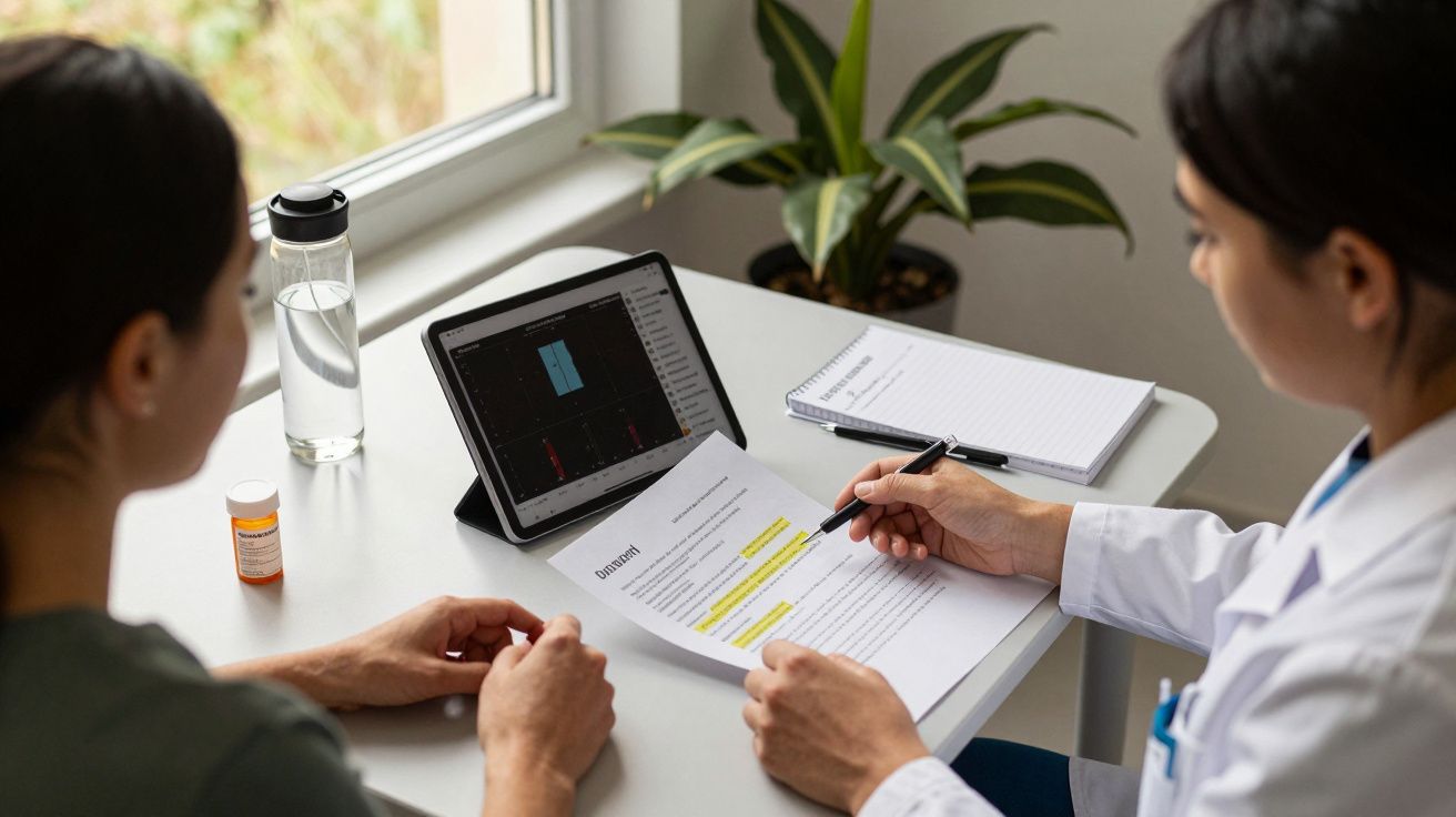 Person in Arztkittel erklärt Patientin ein Dokument, Laptoptablet, Flasche und Pflanze im Hintergrund.