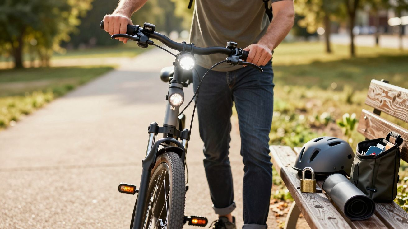 Person schiebt Fahrrad im Park, auf einer Bank liegen Helm und Tasche.