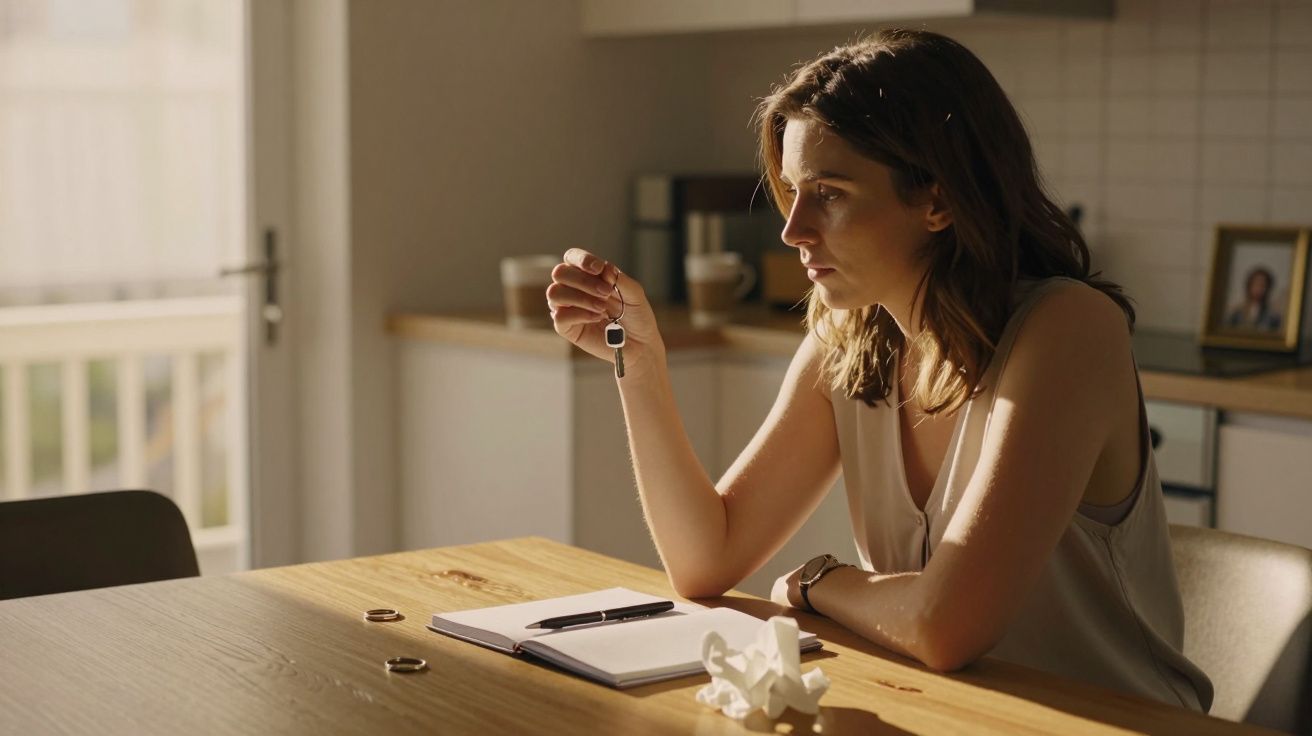 Frau in heller Küche sitzt nachdenklich am Tisch, hält einen Anhänger, daneben Notizbuch, Stift und zerknülltes Papier.