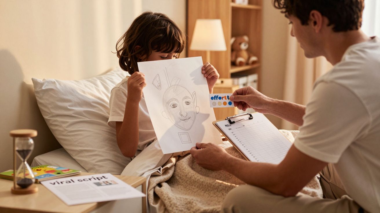 Ein Kind im Bett zeigt eine Zeichnung, während ein Erwachsener daneben sitzt und eine Liste auf einem Klemmbrett hält.