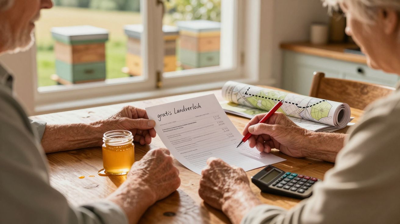 Älteres Paar am Tisch mit Honigglas, Plan und Taschenrechner, diskutiert über Landvertrag, Bienenstöcke im Hintergrund.
