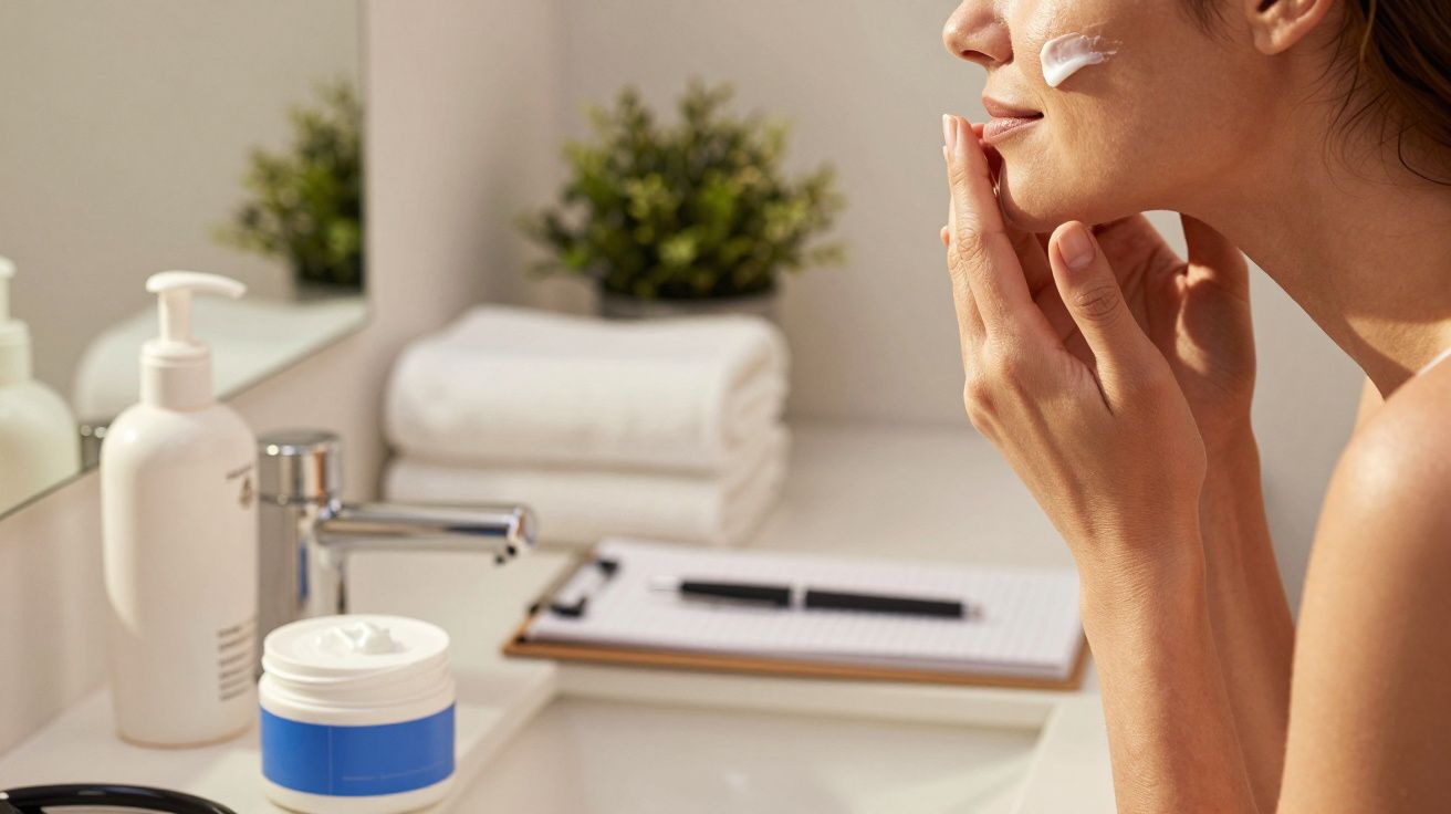Frau trägt Gesichtscreme auf, im Badezimmer mit Handtüchern und Pflegeprodukten auf dem Waschbecken.