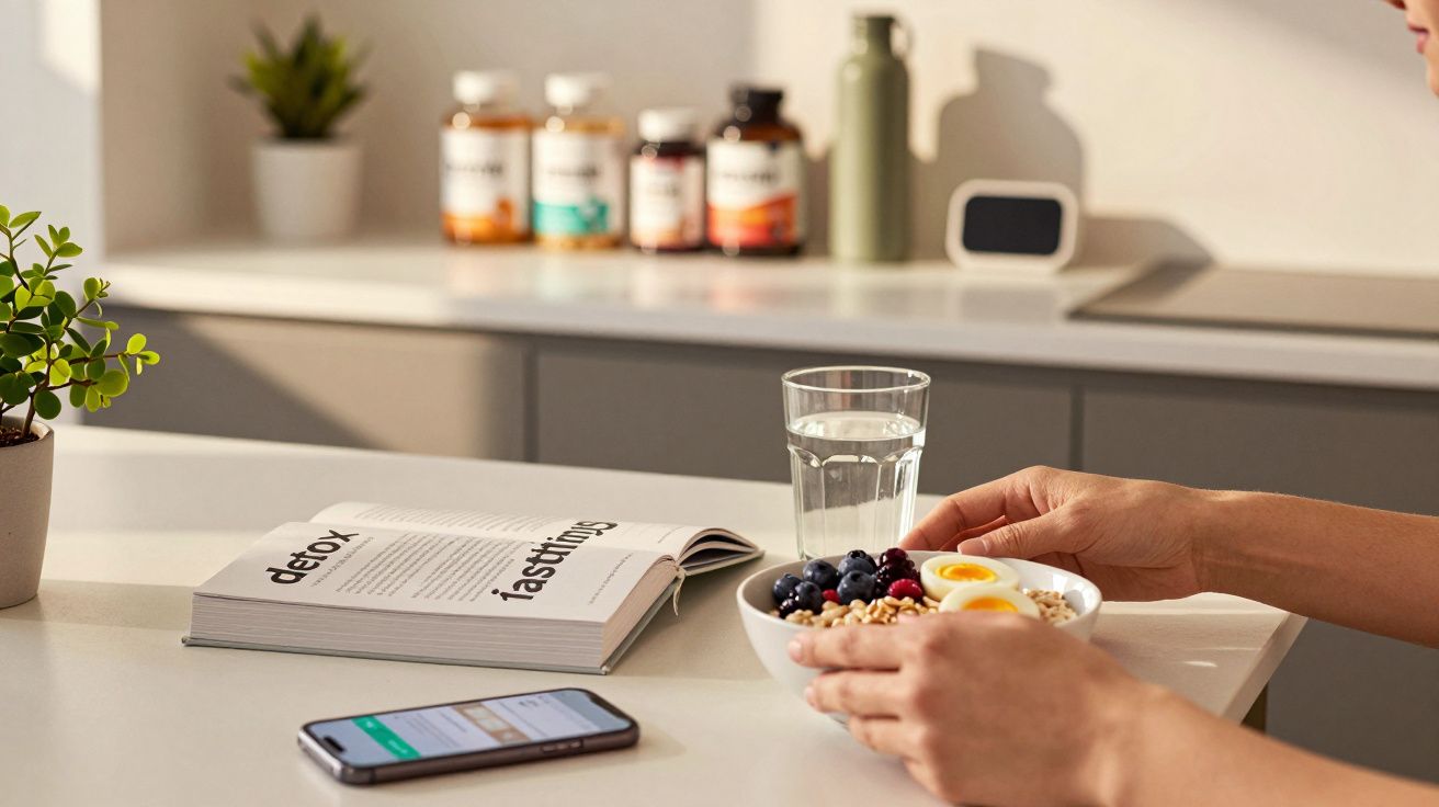 Person am Tisch mit Smoothiebowl, Handy, Glas Wasser, offenem Buch; im Hintergrund Nahrungsergänzungsmittel und Pflanze.