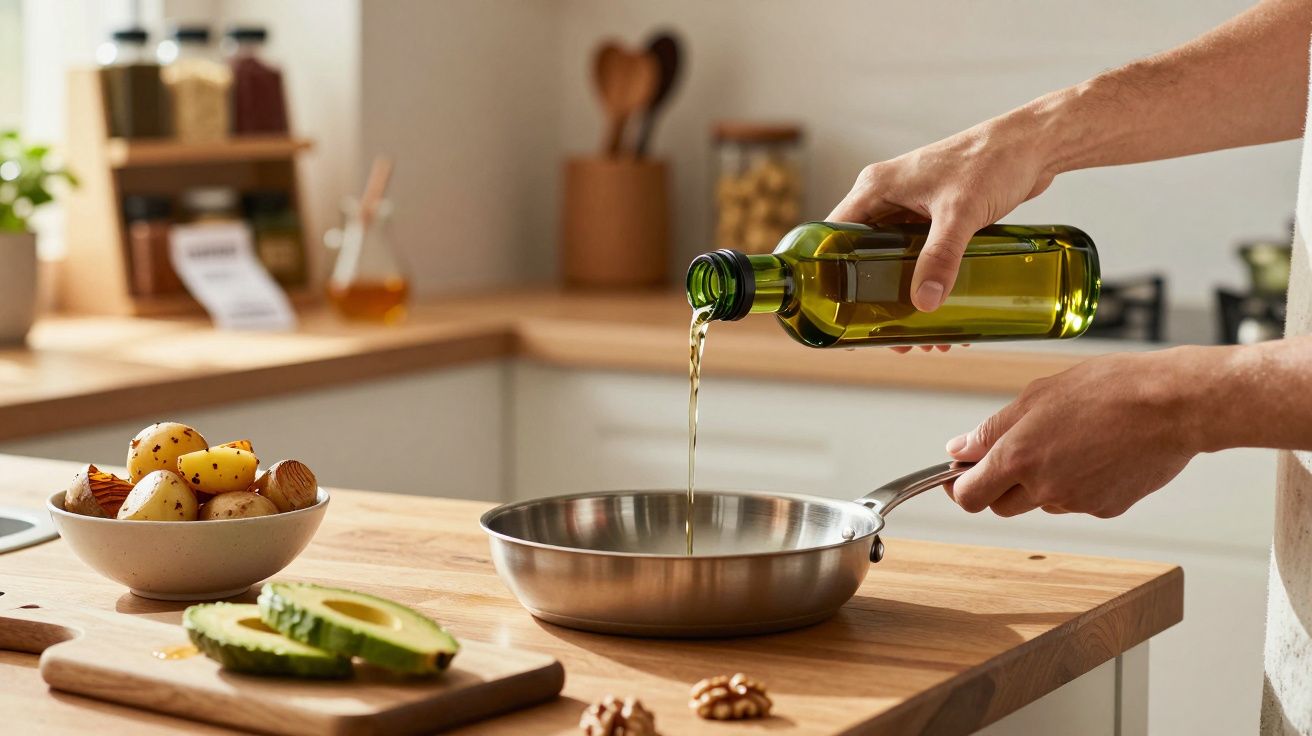 Person gießt Öl in eine Pfanne, Küche mit Gemüse und Gewürzen im Hintergrund.