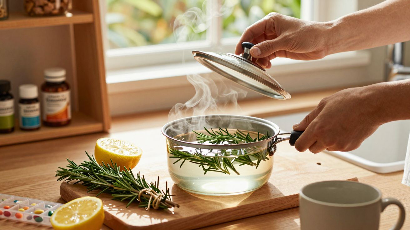 Hand hebt Deckel von Topf, in dem Rosmarin in heißem Wasser zieht. Daneben eine halbe Zitrone auf Holzbrett.