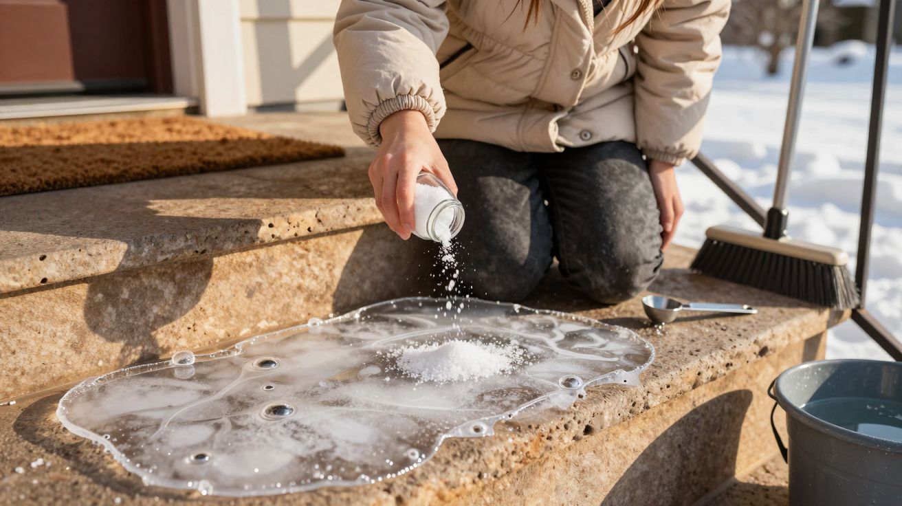 Eine Person streut Salz auf eine vereiste Eingangsstufe, daneben stehen ein Besen und ein Eimer im Schnee.