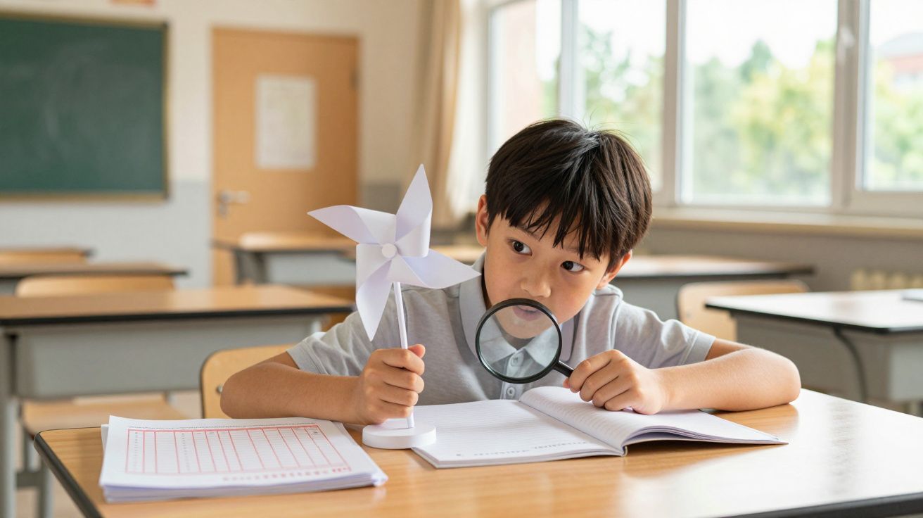 Junge im Klassenzimmer betrachtet durch eine Lupe ein Papierwindrad, während er an einem Tisch sitzt.