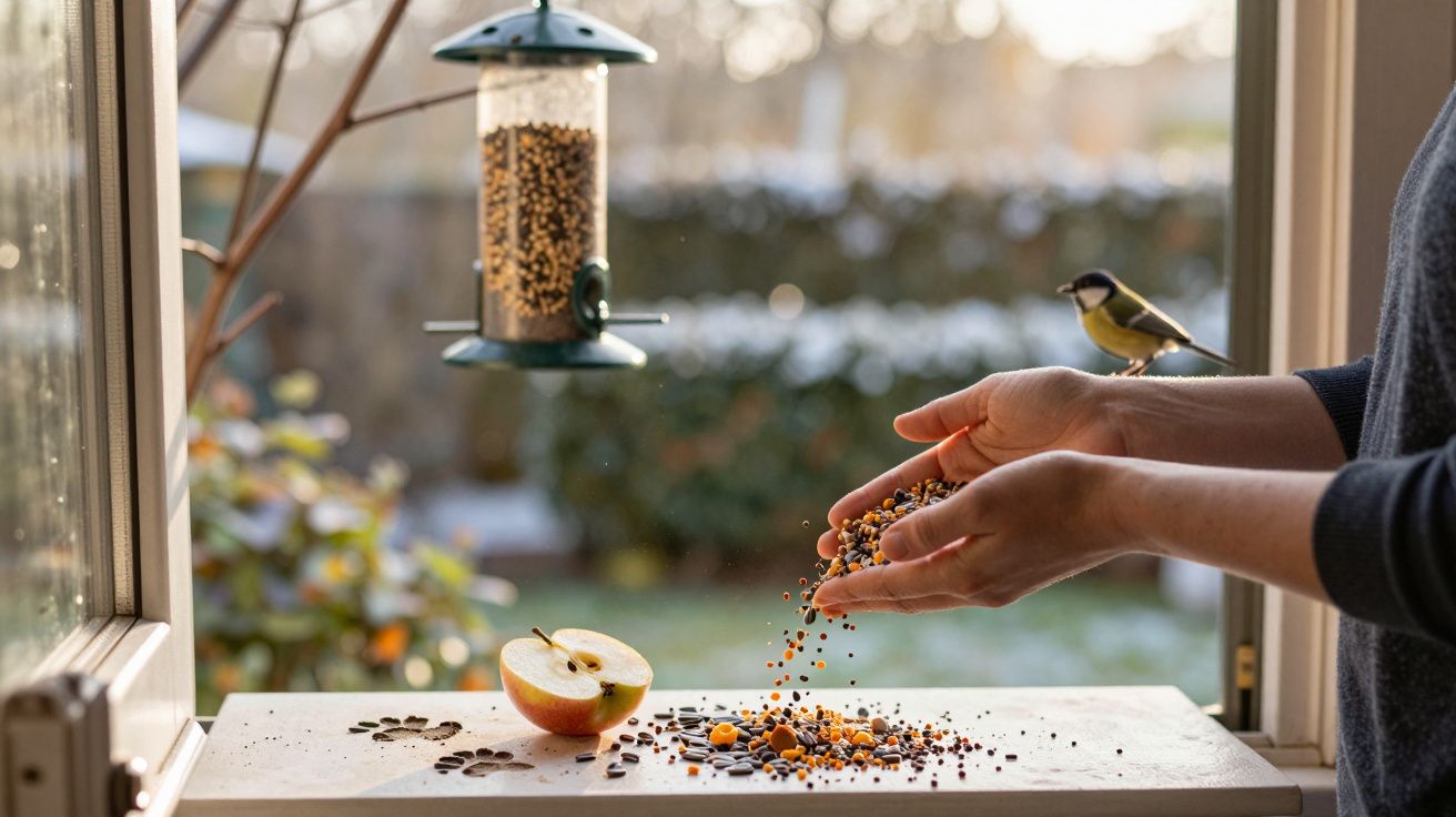 Person füttert Vögel am Fensterbrett mit Samen, ein Apfel liegt daneben, Vogel sitzt auf der Hand.