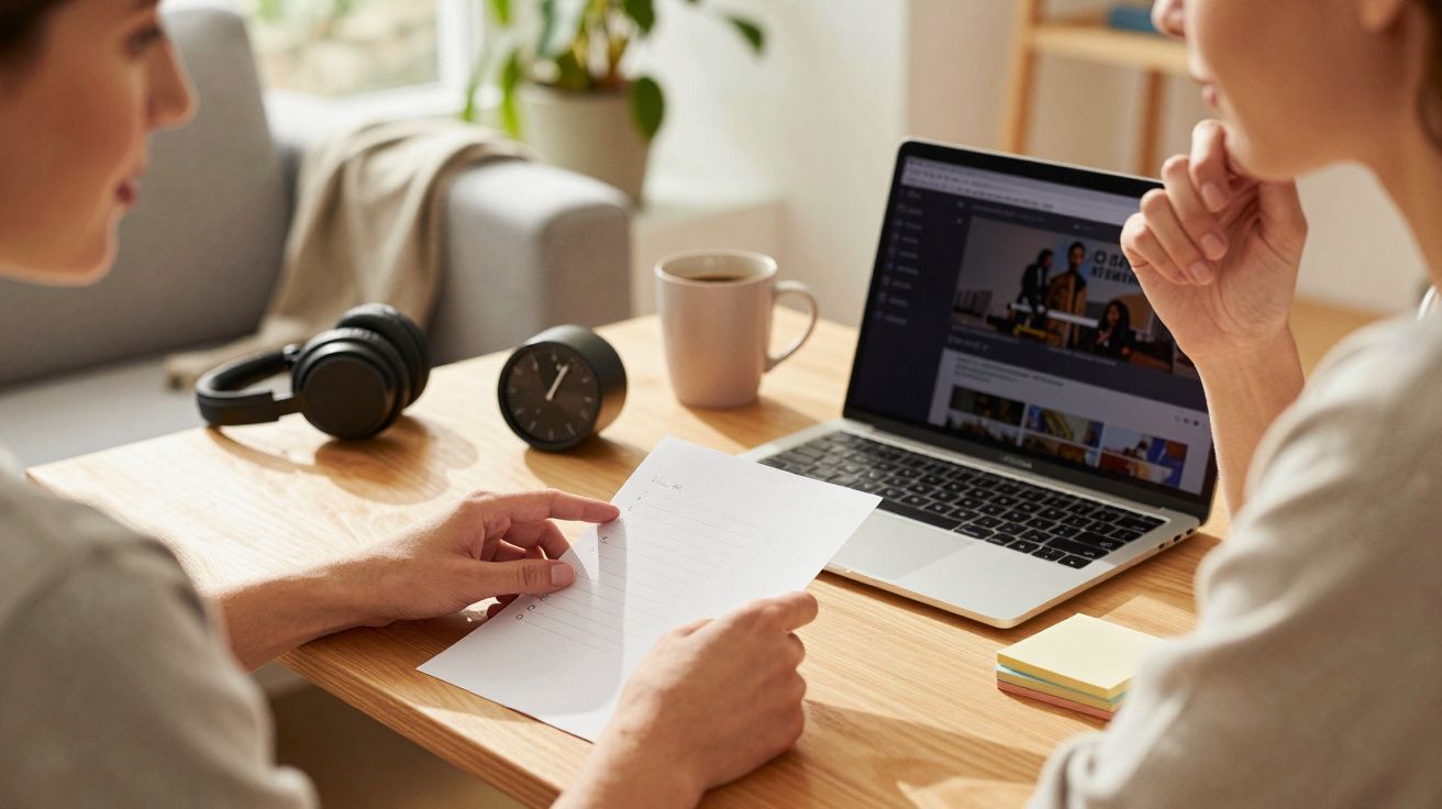 Zwei Personen am Tisch, diskutieren Dokumente, mit Laptop, Uhr und Kopfhörer im Hintergrund.