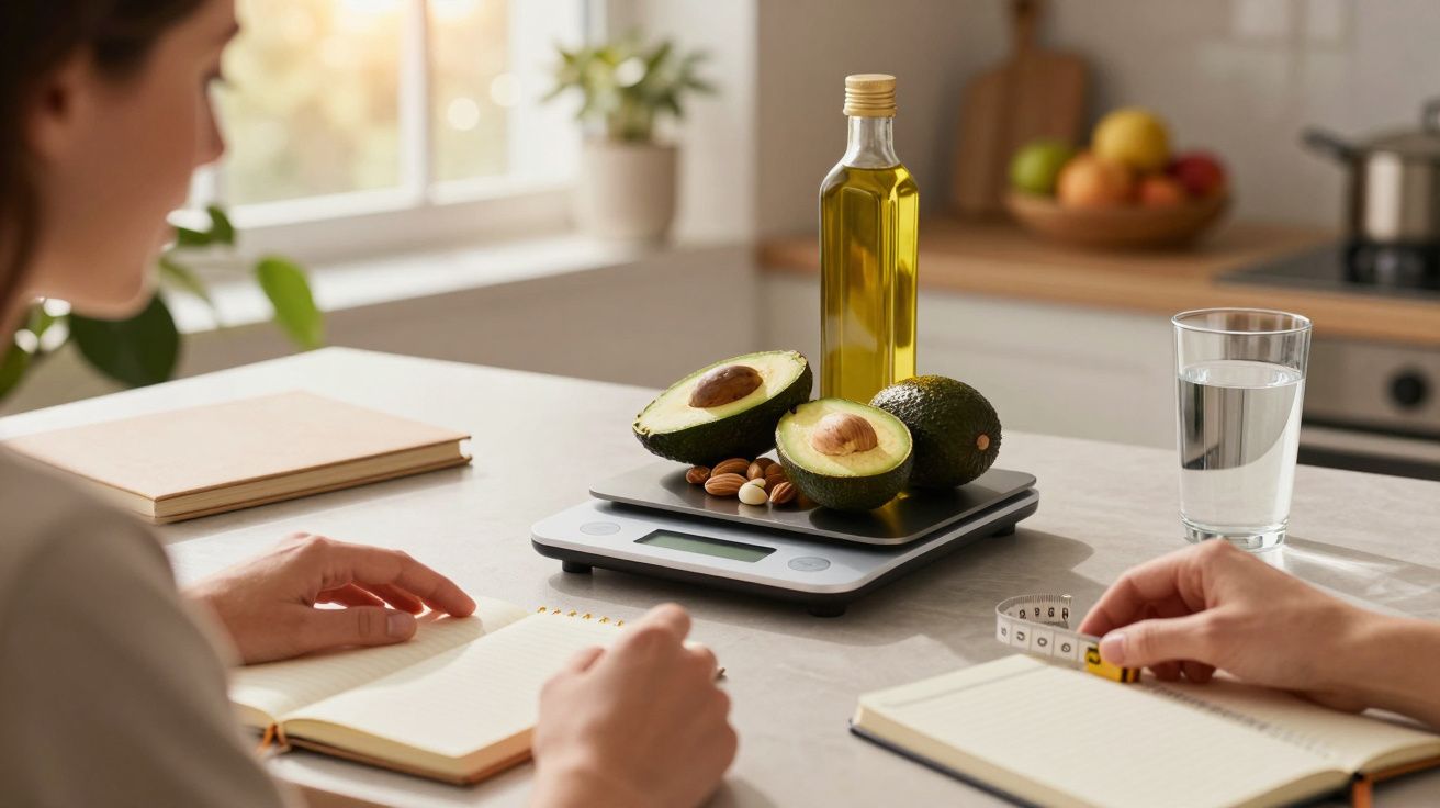 Zwei Personen, Notizbücher, Avocados auf Waage, Olivenöl in Küche mit Obst im Hintergrund.