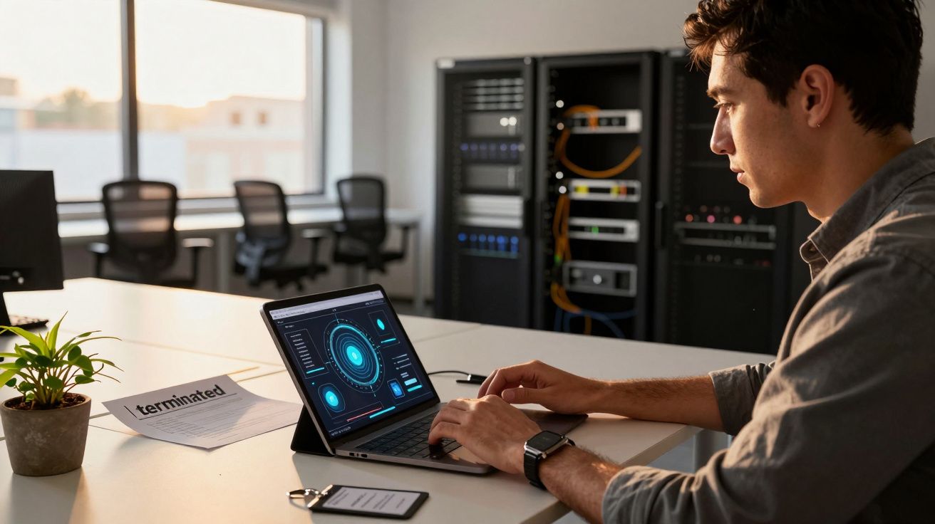 Ein Mann arbeitet auf einem Laptop in einem Büro mit Servern, ein Dokument mit "terminated" liegt auf dem Tisch.