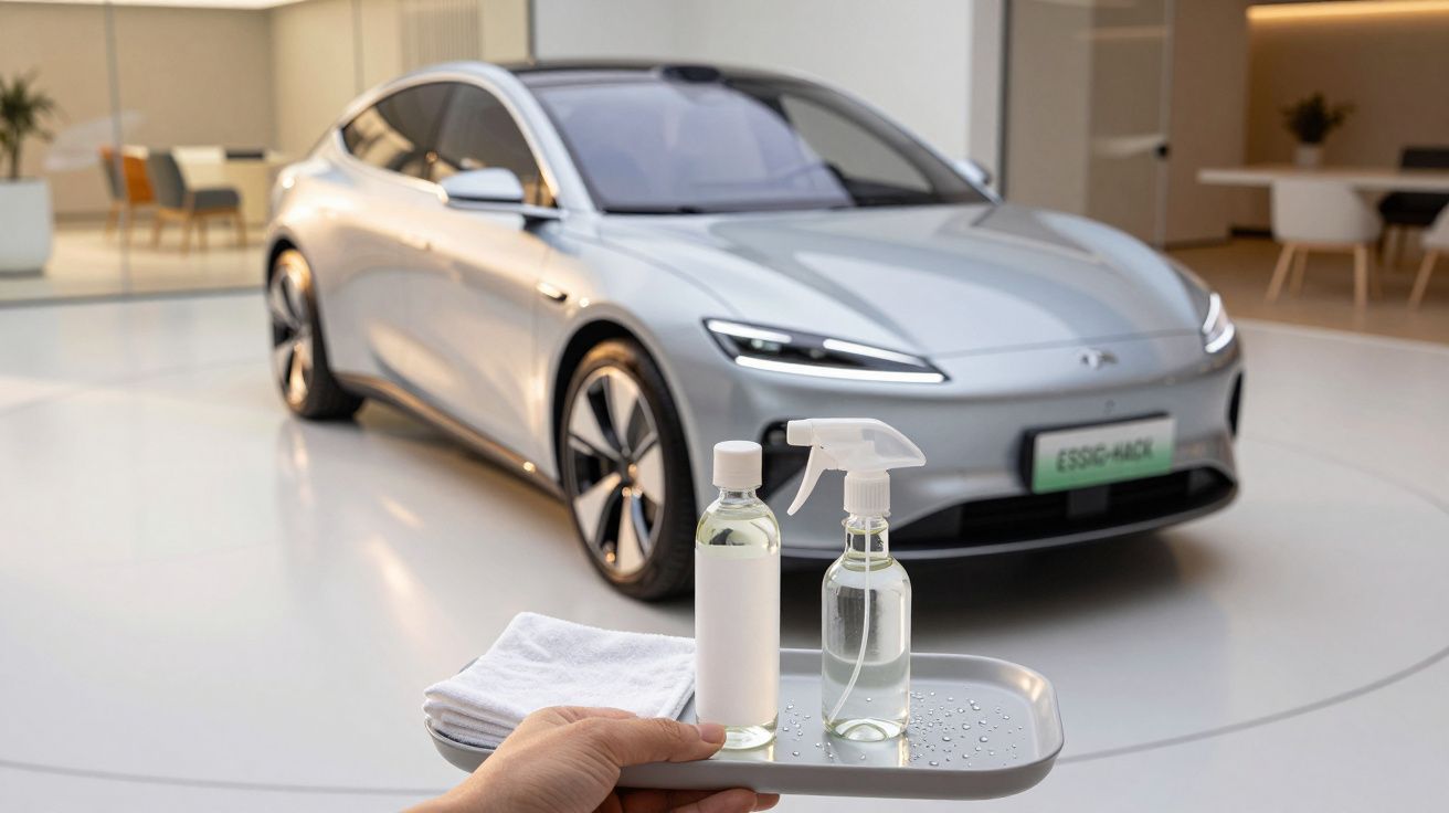 Eine Hand hält ein Tablett mit Reinigungsflaschen vor einem silbernen modernen Auto in einem eleganten Raum.