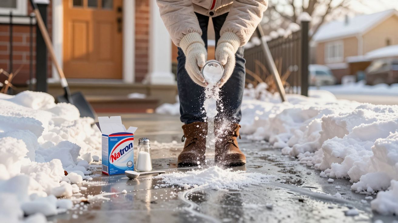 Person streut Natron auf verschneiten Gehweg vor Haus, daneben Päckchen Natron, Schaufel im Hintergrund.