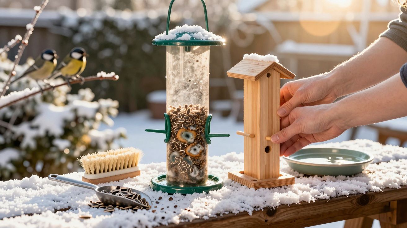Winterliche Vogelfutterstation mit Sonnenblumenkernen, zwei Meisen, Schneedecke und einer Person, die ein Vogelhaus hält.