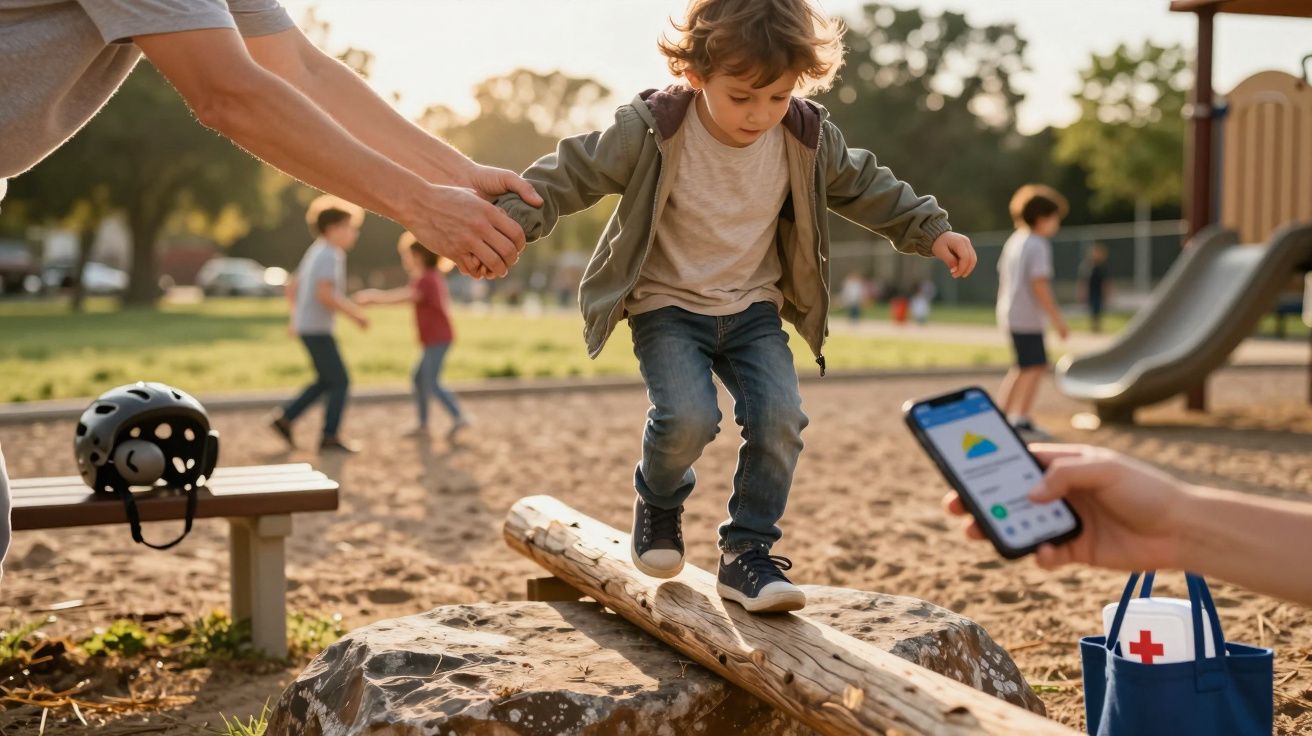 Kleiner Junge balanciert auf einem Holzstamm im Park, während ein Erwachsener seine Hand hält und ein Handy in der Nähe.