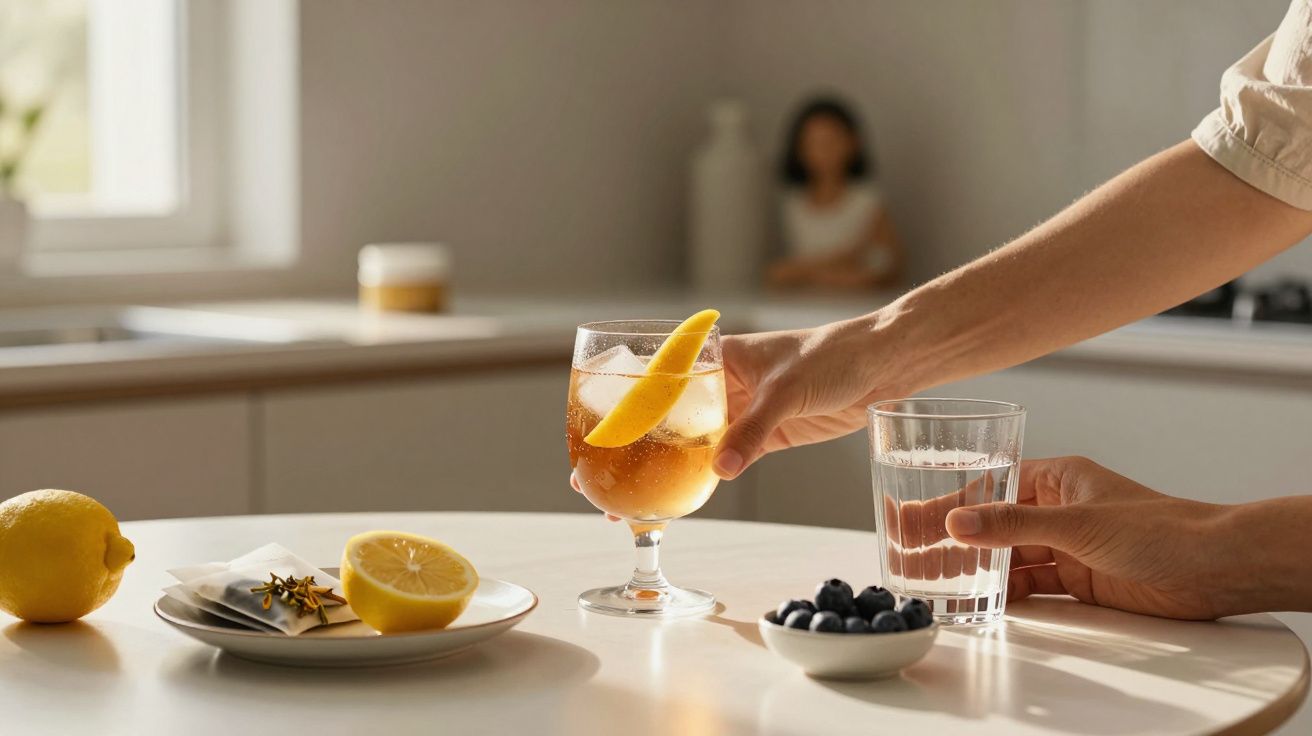 Hand stellt Getränk mit Zitronenscheibe auf Tisch neben Glas Wasser, Blaubeeren und Zitrone in heller Küche.