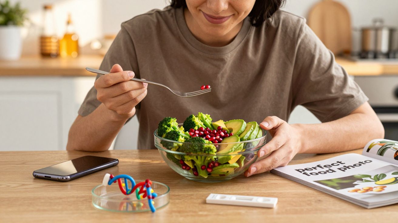 Frau isst Salat mit Brokkoli und Granatapfel, daneben Smartphone, DNA-Modell und Kochbuch auf Holztisch in Küche.