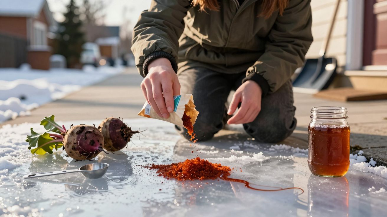 Person streut Streusalz auf vereisten Gehweg neben Glas mit brauner Flüssigkeit und zwei roten Rüben, im Hintergrund Schnee.