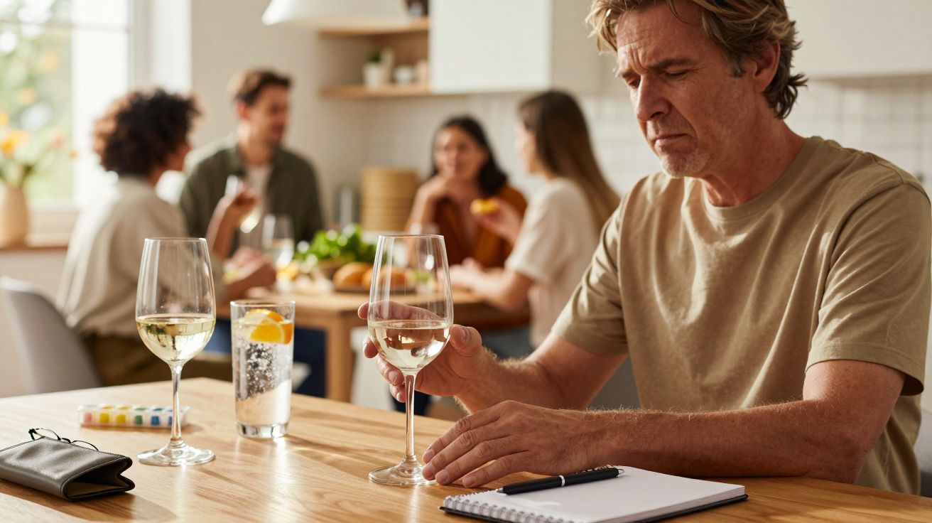 Mann in T-Shirt betrachtet ein Weinglas am Tisch mit Notizbuch, im Hintergrund vier Personen beim Essen.