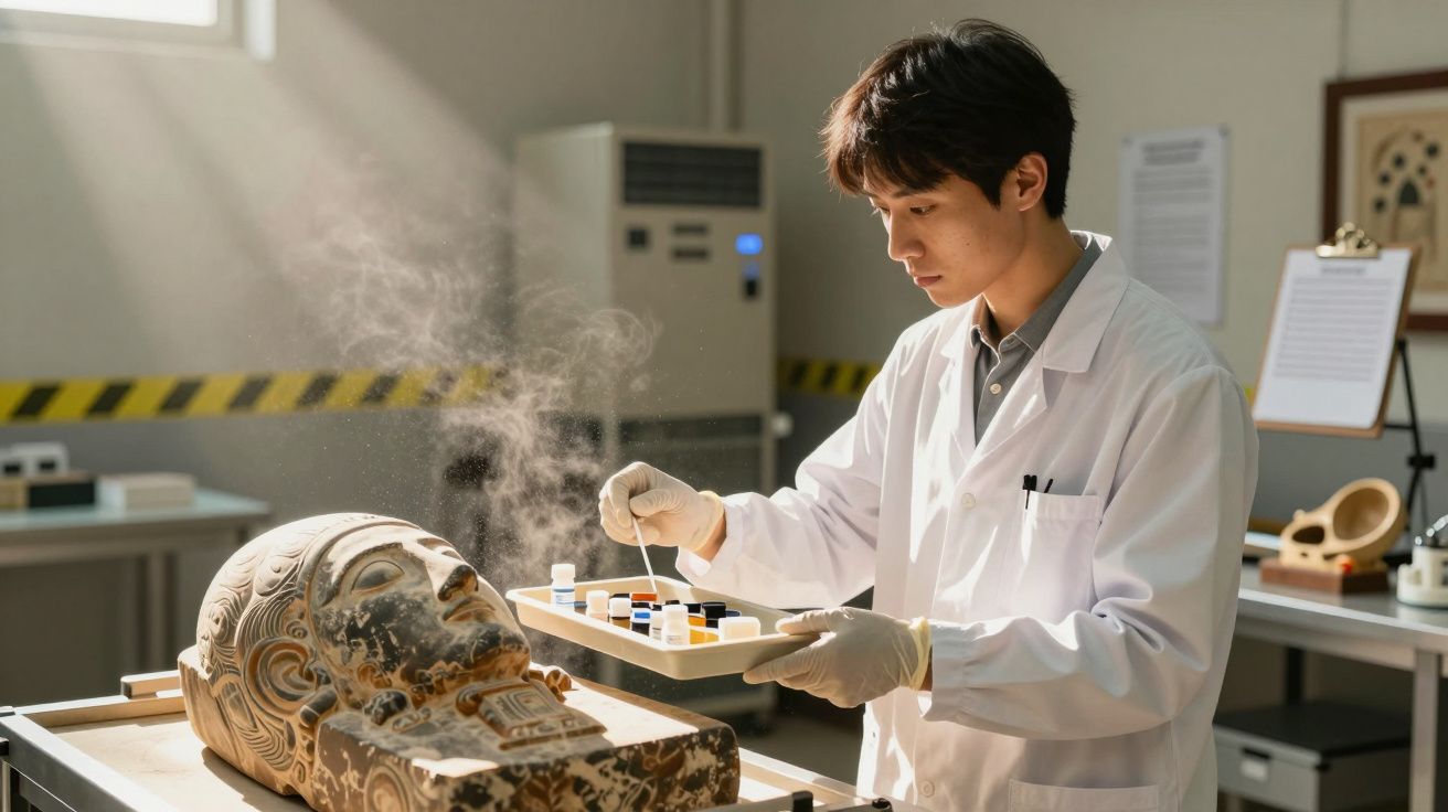 Ein Forscher in weißem Kittel arbeitet an einer antiken Maske in einem Labor.
