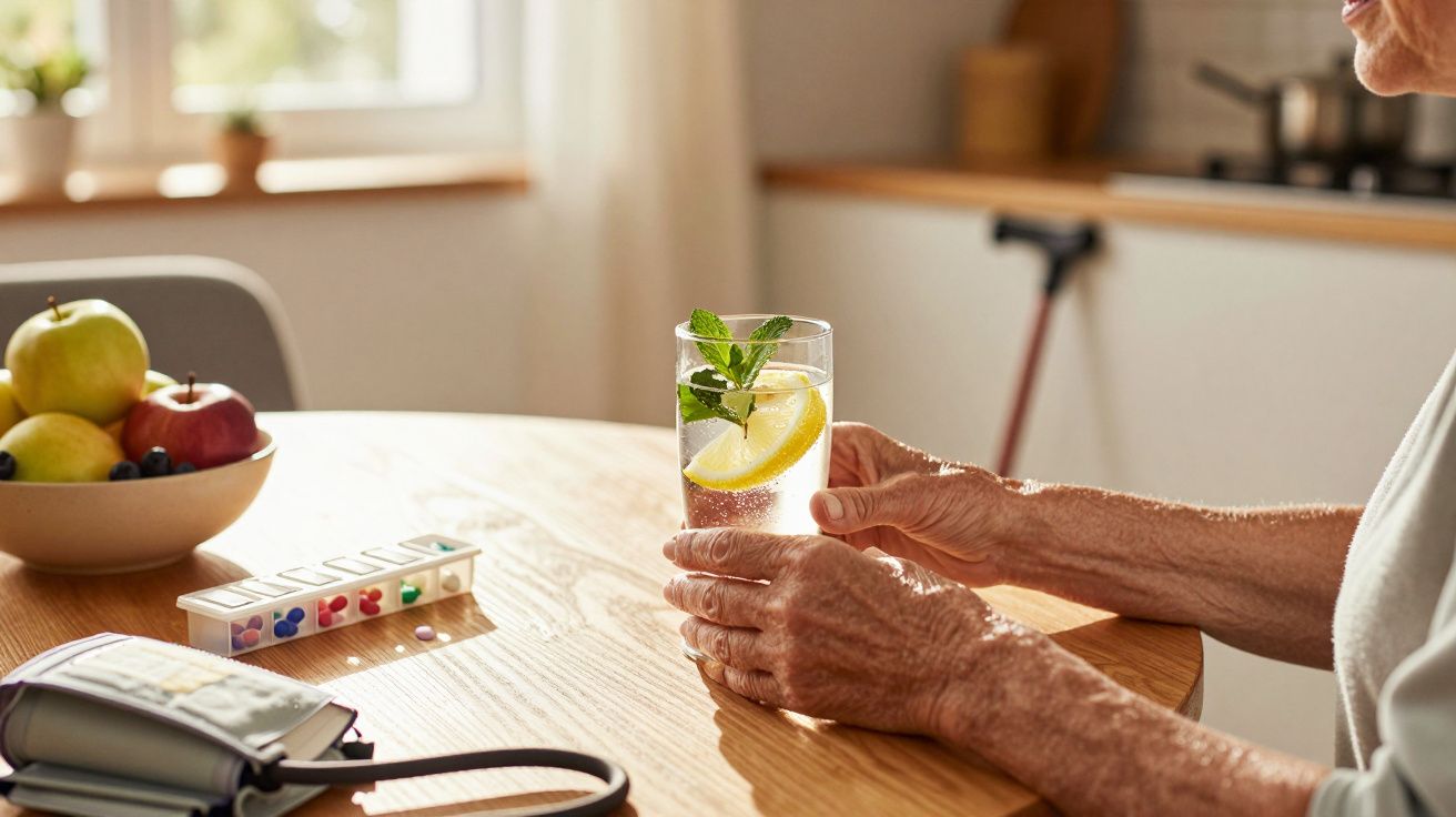 Ältere Person hält Glas mit Zitronenwasser, auf Tisch Obstschale, Medikamentenbox und Blutdruckgerät.
