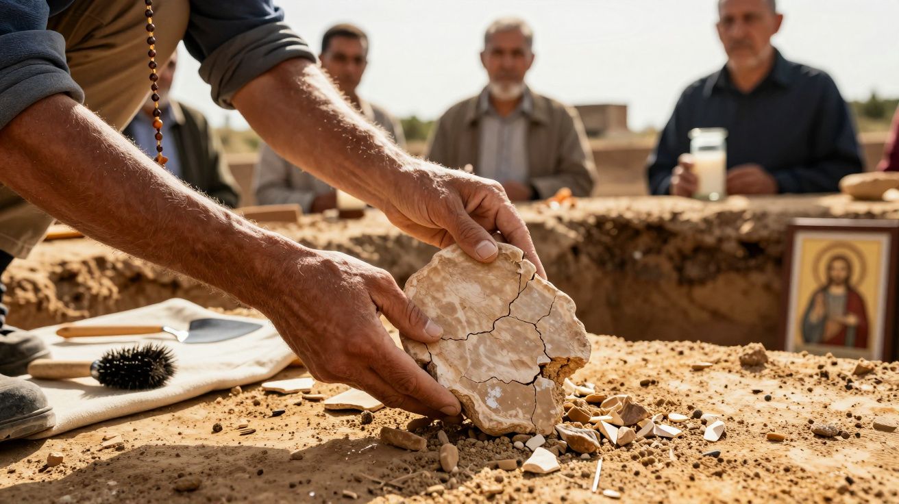 Archäologe hebt antiken Tonscherben aus trockenem Boden, im Hintergrund stehen unscharfe Personen.