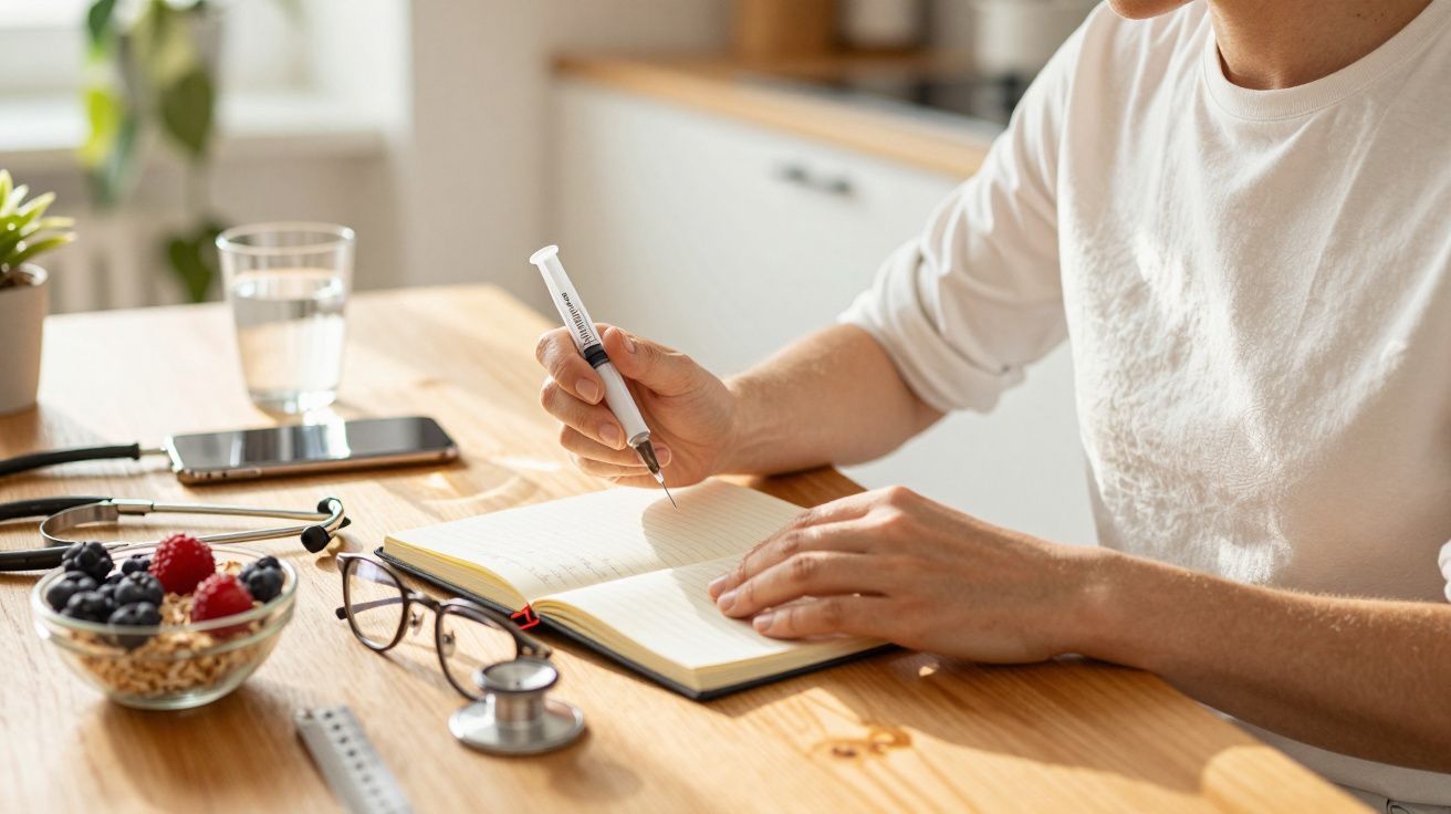 Person am Tisch schreibt im Notizbuch, mit Brille, Obstschale, Stethoskop und Smartphone daneben.