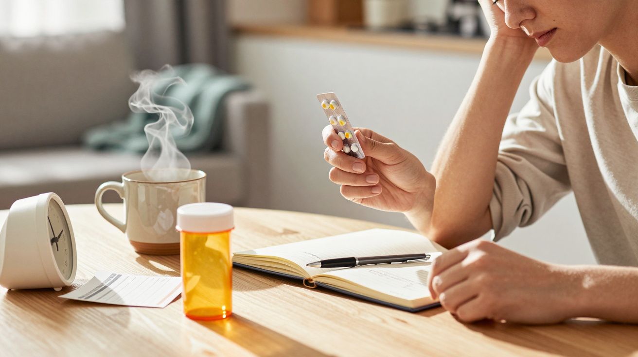 Person am Tisch hält Tabletten, daneben Wecker, Tasse und Notizbuch.