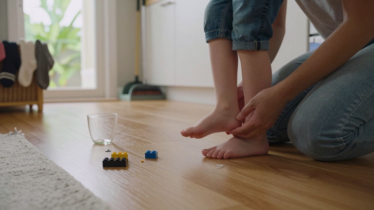Kind hält sich den Fuß, sitzt am Boden, umgeben von bunten Bauklötzen und einem Glas.