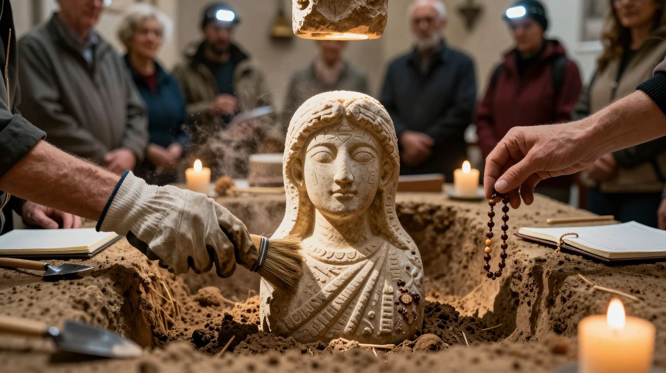 Archäologen entdecken eine antike Büste in einem Ausgrabungsort, umgeben von Kerzen und Beobachtern.