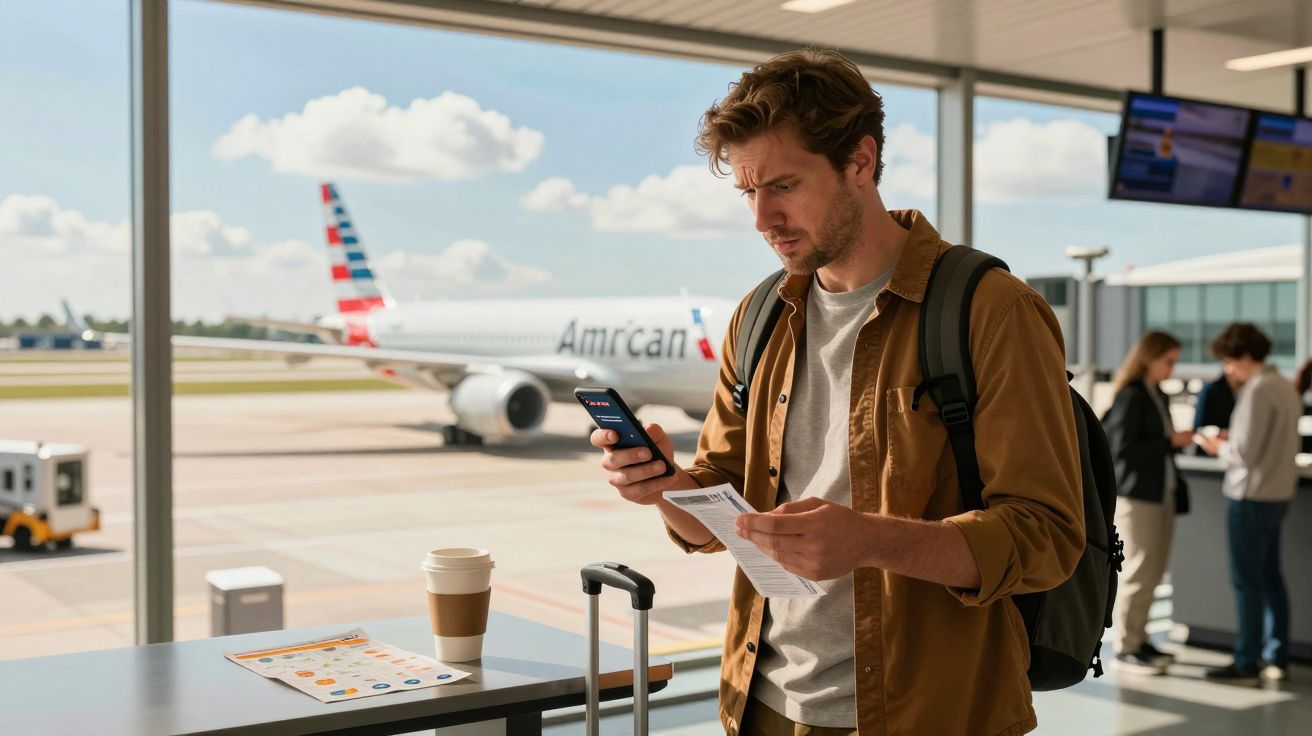 Mann am Flughafen mit Handy und Bordkarte, im Hintergrund ein Flugzeug, Kaffeebecher und Trolley im Vordergrund.