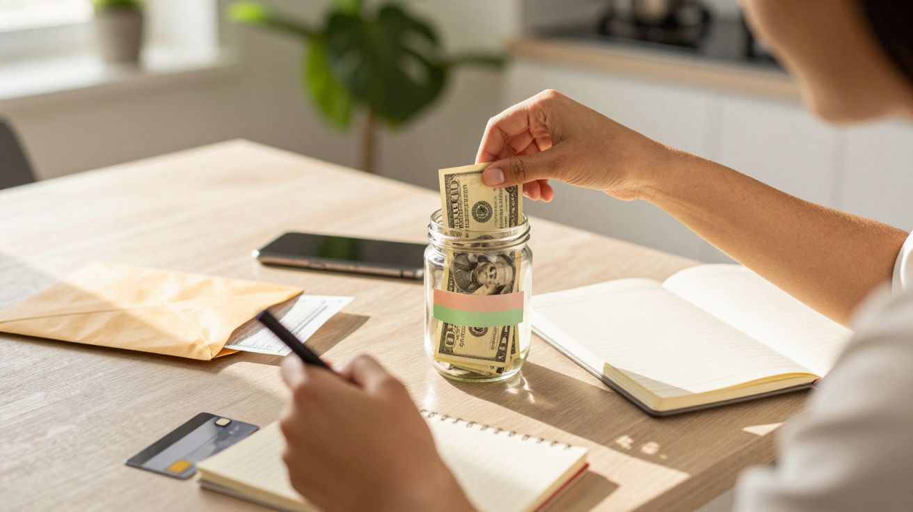 Person legt Geldscheine in ein Glas auf einem Tisch, umgeben von Notizbuch, Handy, Umschlag und Bankkarte.