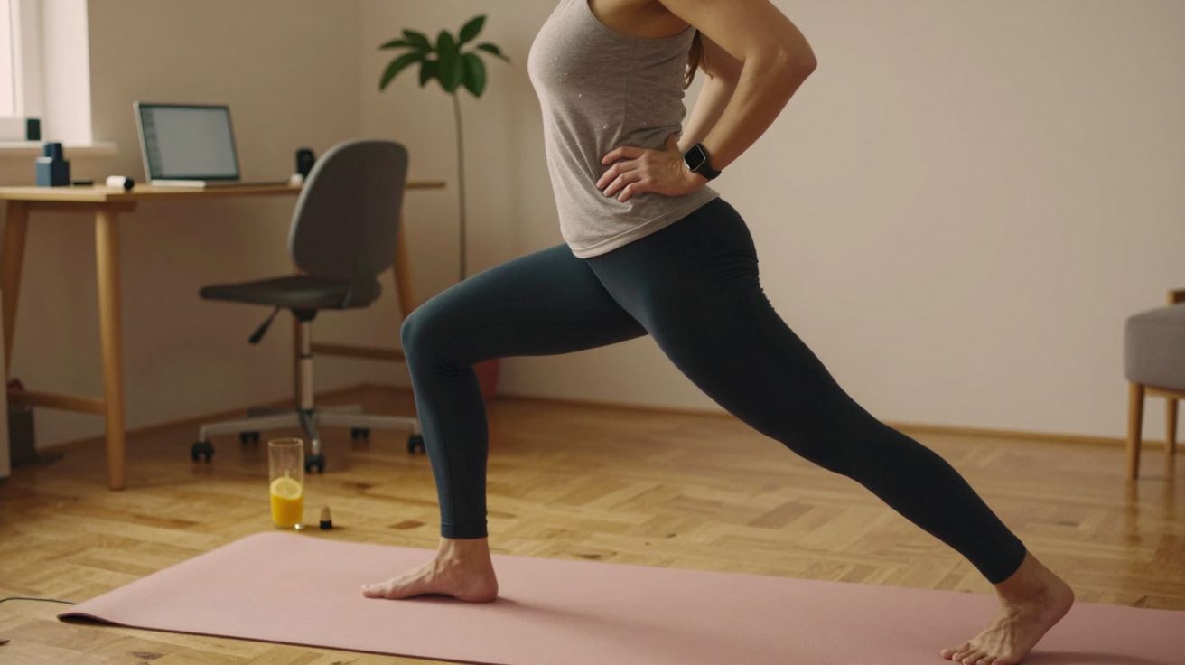 Person macht Yoga im Wohnzimmer auf rosa Matte; Laptop und Orangensaft im Hintergrund.