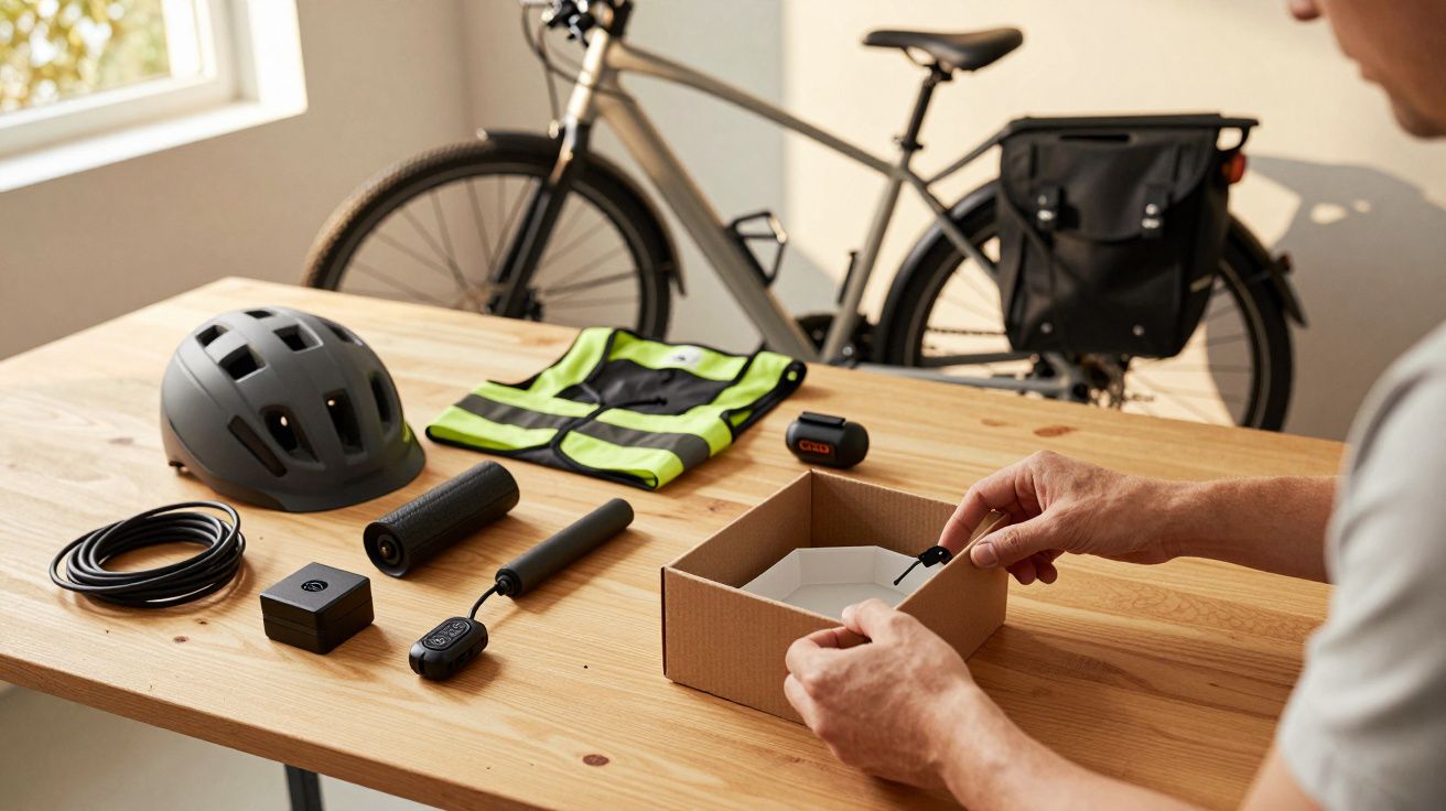 Mann öffnet Karton, Fahrradhelm, leuchtende Weste und Zubehör auf Tisch mit Fahrrad im Hintergrund.