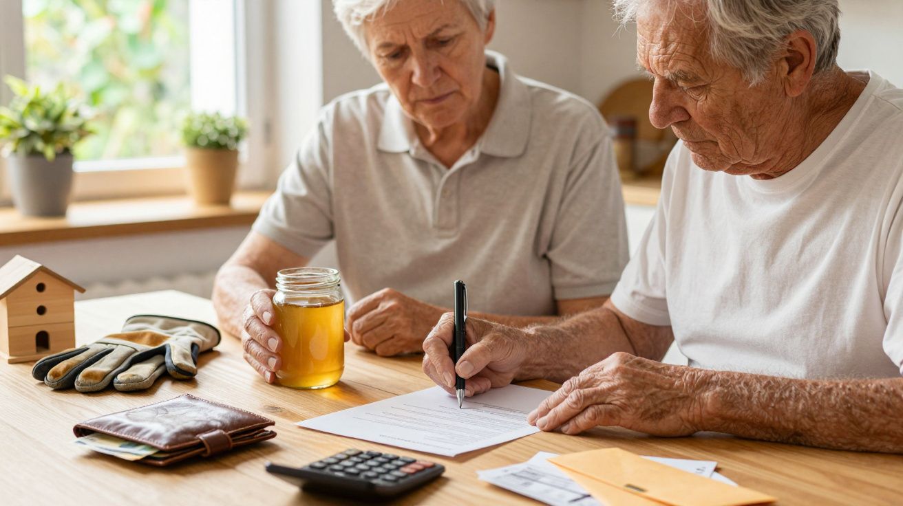 Älteres Paar sitzt am Tisch, Mann unterschreibt Dokumente, Frau hält Getränk. Auf dem Tisch liegen Handschuhe und Taschenrech