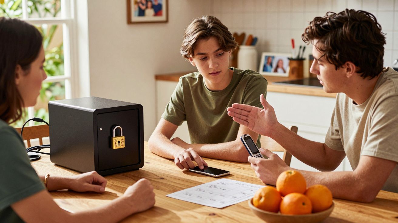 Drei Jugendliche sitzen am Tisch mit Smartphones und einem Safe. Sie diskutieren und planen, Orangen liegen im Vordergrund.
