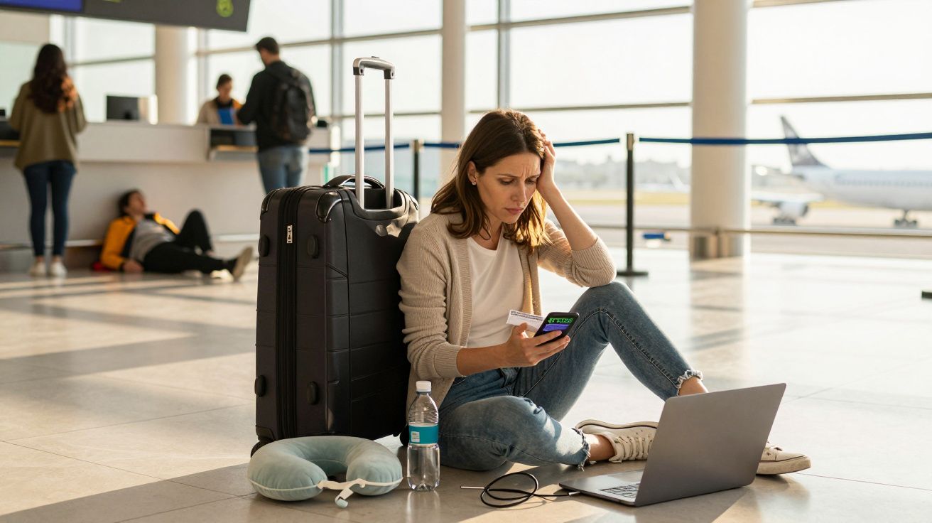 Frau im Flughafen sitzt auf dem Boden, mit Koffer, Handy und Laptop, während sie auf ihren Flug wartet.